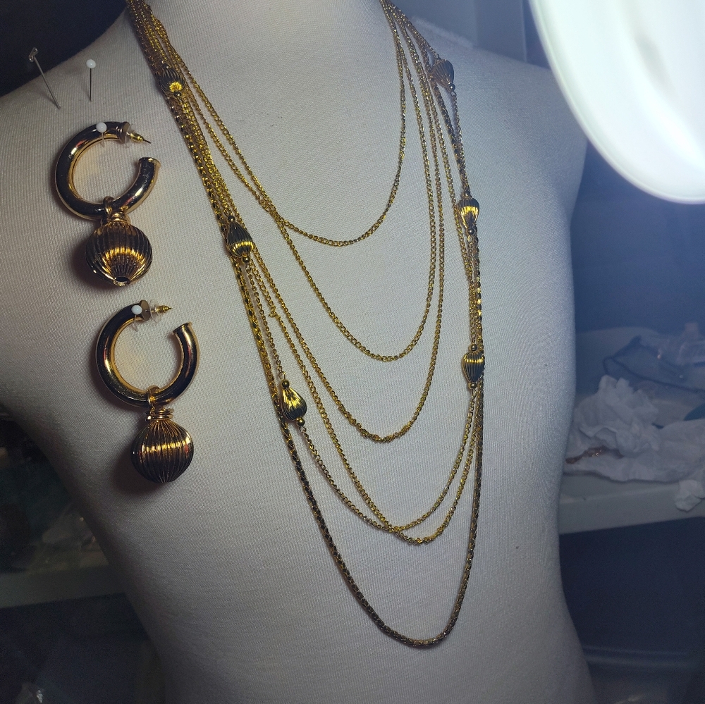 Elegant Gold Tone Layered Necklace and Hoop Earrings Set